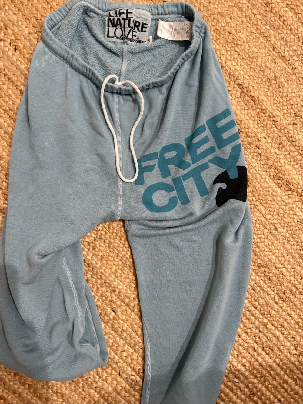freecity Light Blue Kids Sweatpants with Teal Logo and Black Graphic - Picture 3 of 3